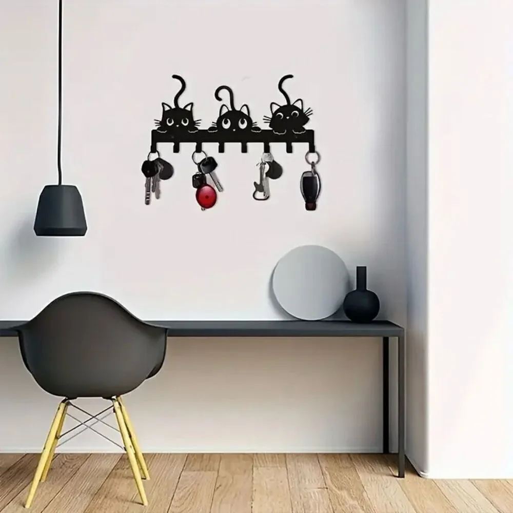 NWT Gorgeous 3 Black Cats Design Metalic 8 Hooks Wall Mount Key Holder Organizer